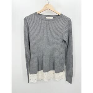 LOFT Sweater Women SMALL Grey White Eyelet Embroidered Hem Long‎ Sleeve Knit